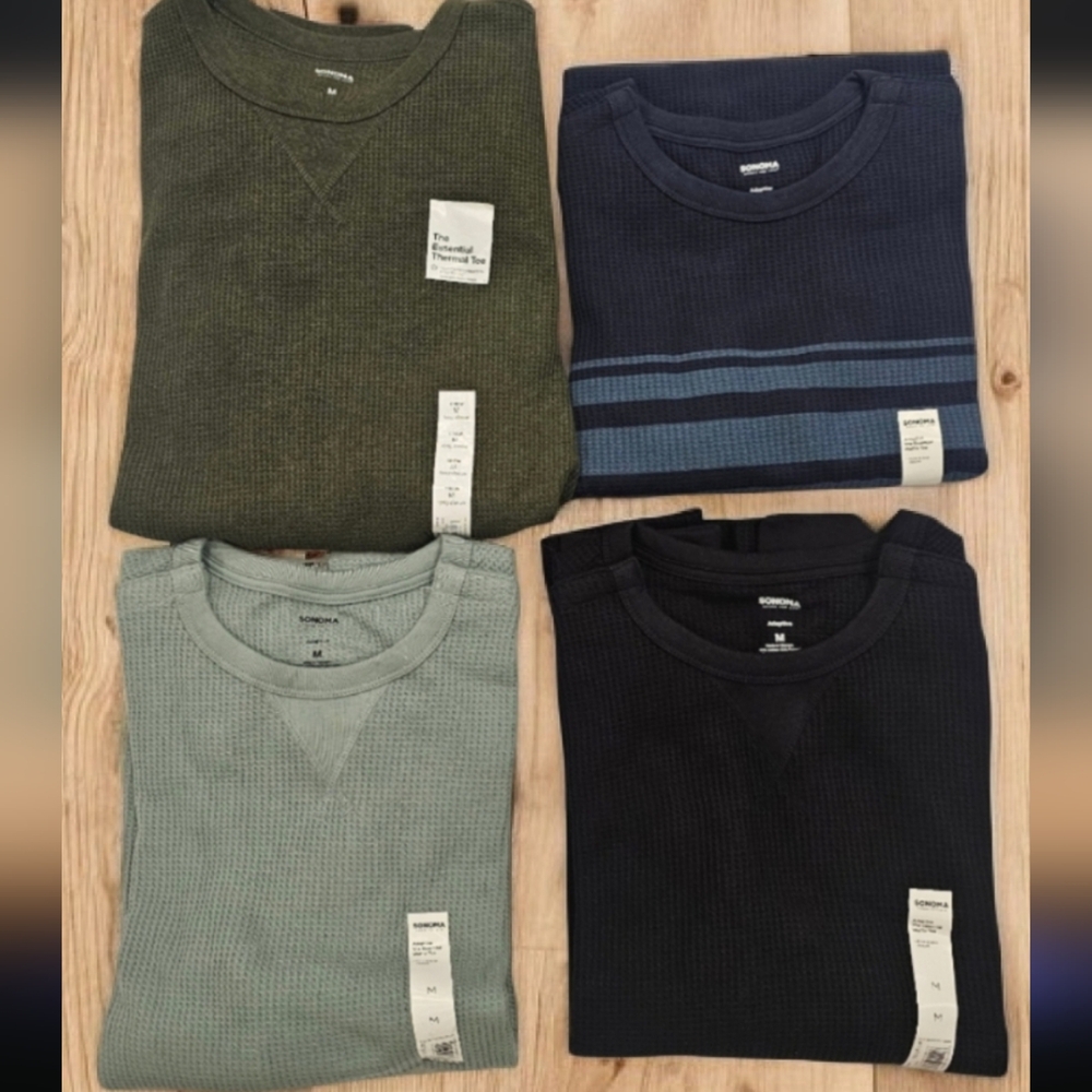 NWT Men's Crewneck waffle Thermal Tees- Olive, Navy, Mint, Black Size-M